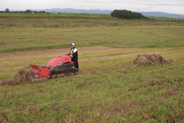 河川堤防集草 自作マンガンによる集積作業状況③