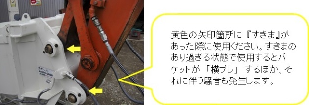 黄色の矢印箇所に『すきま』があった。すきまのあり過ぎる状態で使用するとバケットが「横ブレ」するほか、それに伴う騒音も発生します。