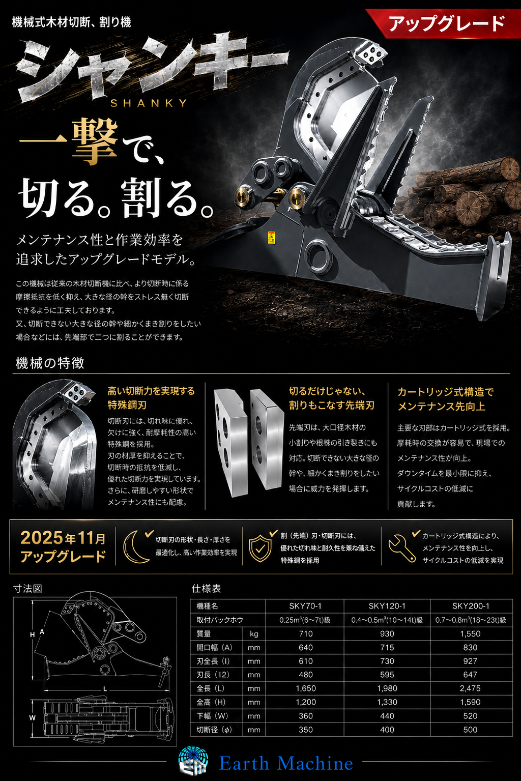 機械式木材切断､割り機「シャンキー」｜建設機械用アタッチメント開発